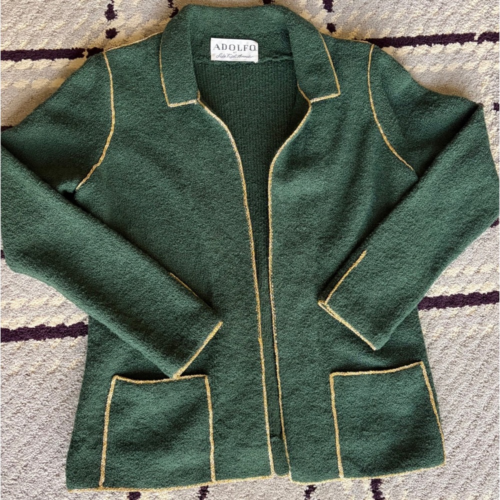 Vintage Adolfo Saks Fifth Avenue Green Wool Blend Knit Cardigan Gold Trim Medium